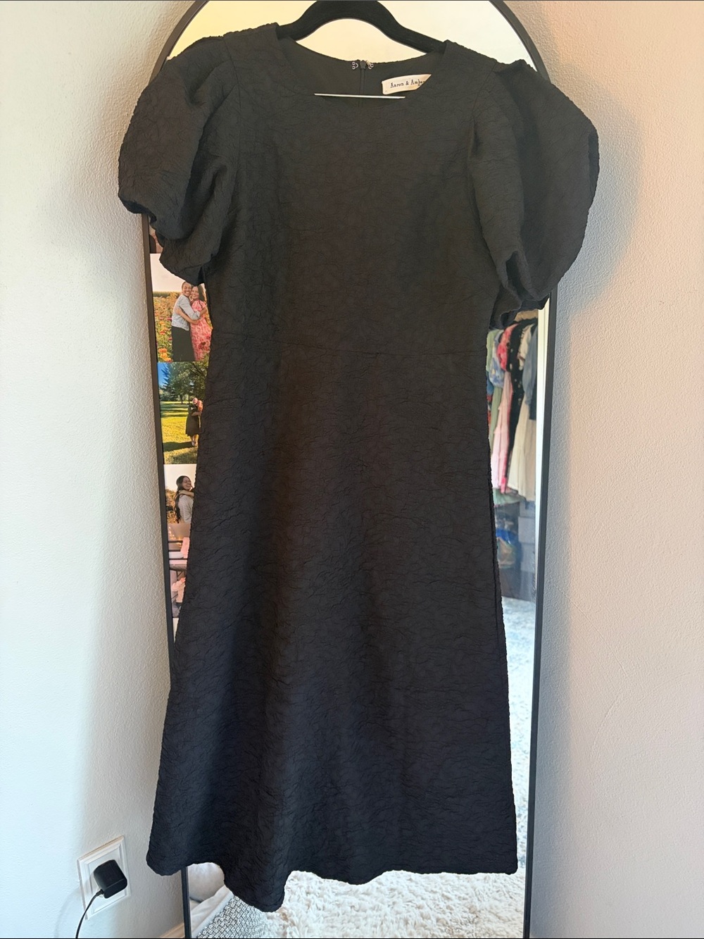 Textured Black Puff Sleeve Midi Dress